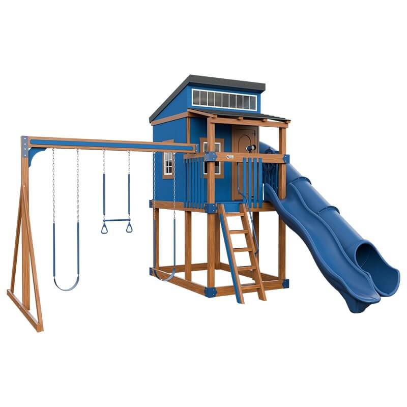 kingdom lodge playhouse with slide and swing chestnut wood blue front left
