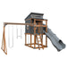 kingdom lodge playhouse with slide and swing chestnut wood gray front left