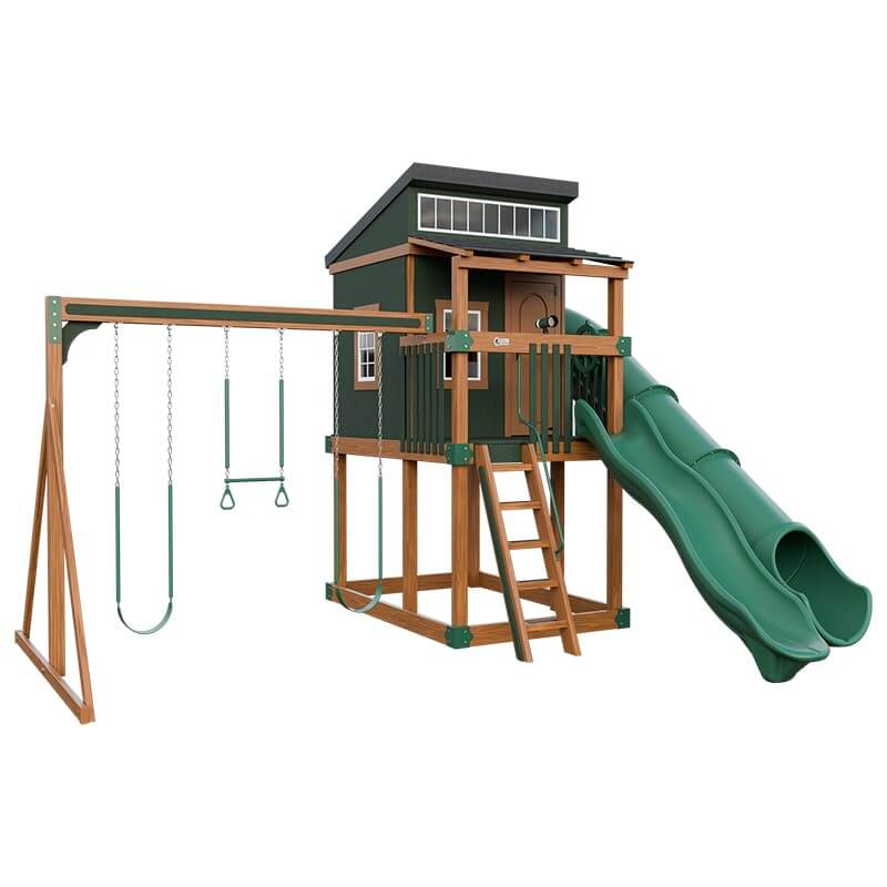 kingdom lodge playhouse with slide and swing chestnut wood green front left