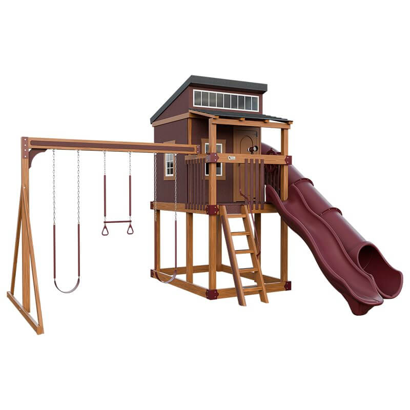 kingdom lodge playhouse with slide and swing chestnut wood red front left
