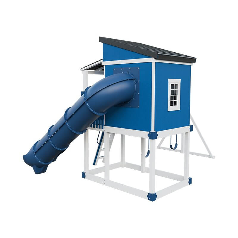 kingdom lodge playhouse with slide and swing white blue back left