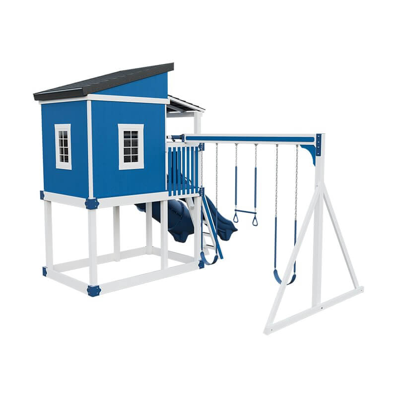 kingdom lodge playhouse with slide and swing white blue back right