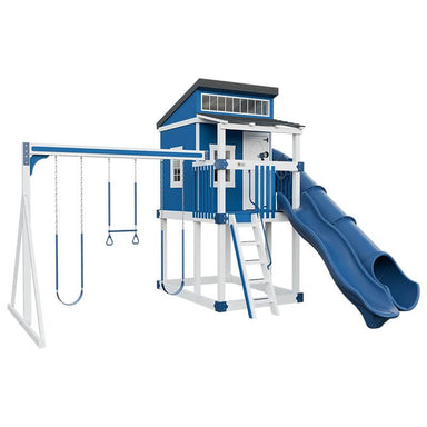 kingdom lodge playhouse with slide and swing white blue front left
