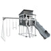 kingdom lodge playhouse with slide and swing white gray front left