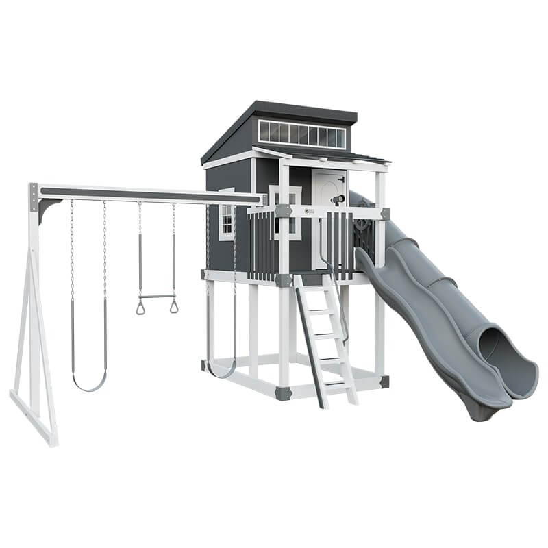 kingdom lodge playhouse with slide and swing white gray front left
