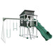 kingdom lodge playhouse with slide and swing white green front left