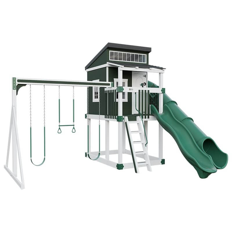 kingdom lodge playhouse with slide and swing white green front left