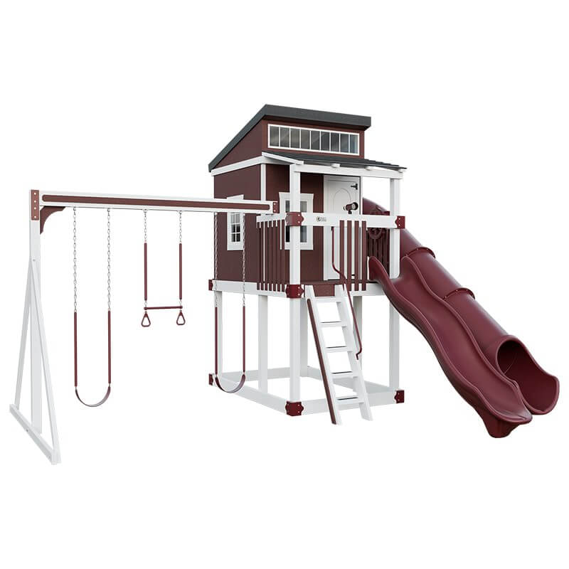 kingdom lodge playhouse with slide and swing white red front left