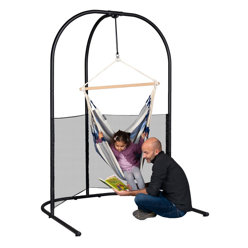 Domingo Sea Salt - Weather-Resistant Basic Hammock Chair – kid seated in the chair on a separately sold Arcada stand while an adult reads beside them