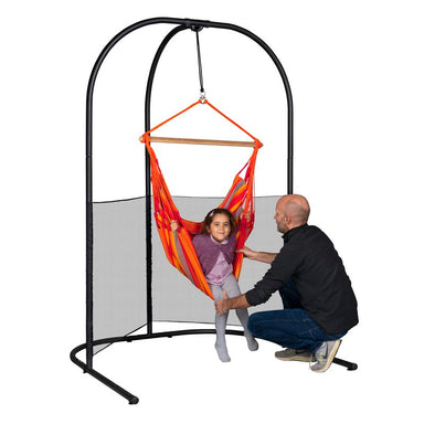 Domingo Toucan - Weather-Resistant Basic Hammock Chair – kid seated in the Toucan chair on a separately sold Arcada stand with an adult beside them