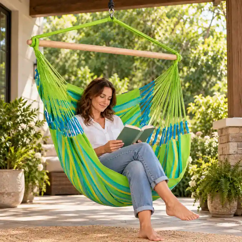 Domingo Lime - Weather-Resistant Kingsize Hammock Chair – lifestyle illustration of adult reading in the hammock chair on a patio