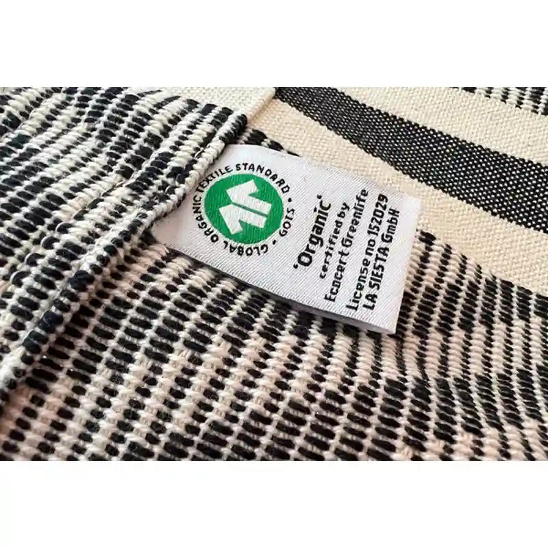 Fiji Organic Zebra – Organic Cotton Basic Size Hammock Chair with Galvanized Steel Stand – organic cotton label closeup