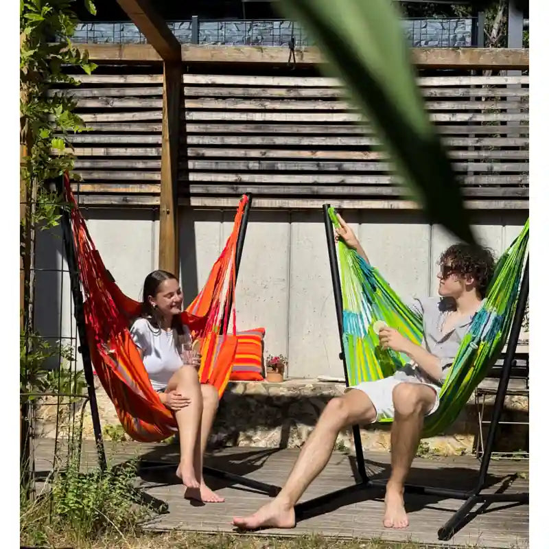 Fiji Outdoor Lime – Weather-Resistant Basic Size Hammock Chair with Galvanized Steel Stand – two seated users in garden chairs