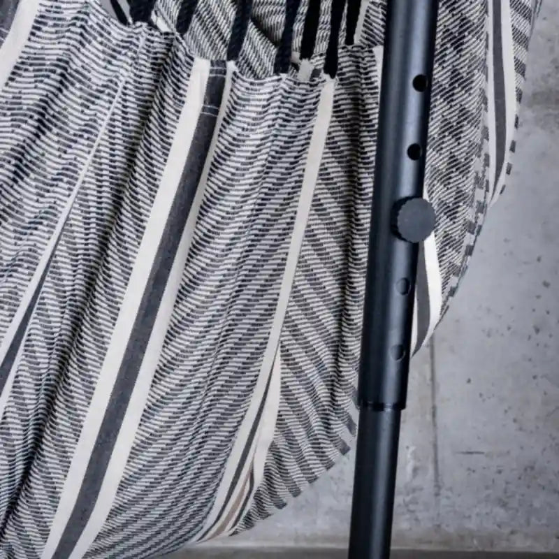 Fiji Organic Zebra – Organic Cotton Comfort Size Hammock Chair with Galvanized Steel Stand – adjustable upright beside the chair fabric