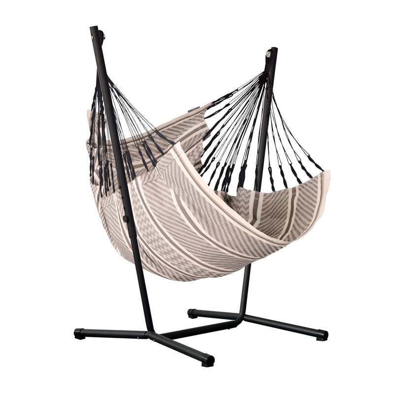 Fiji Organic Zebra – Organic Cotton Comfort Size Hammock Chair with Galvanized Steel Stand – complete chair and steel stand