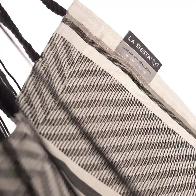 Fiji Organic Zebra – Organic Cotton Comfort Size Hammock Chair with Galvanized Steel Stand – fabric label and stitched edge