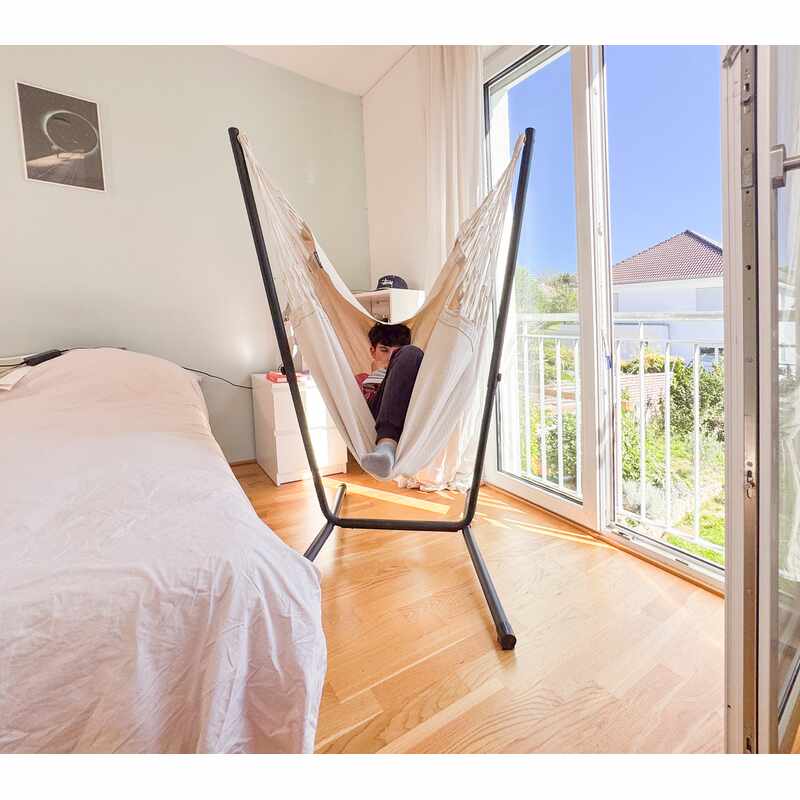 Fiji Organic Latte – Organic Cotton Comfort Size Hammock Chair with Galvanized Steel Stand – chair facing a bedroom window