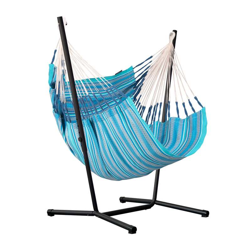 Fiji Organic Azure – Organic Cotton Comfort Size Hammock Chair with Galvanized Steel Stand – complete chair and steel stand