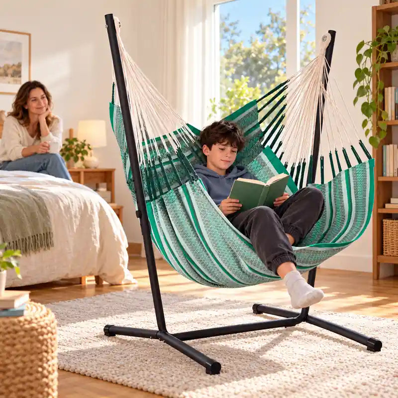 Fiji Organic Agave – Organic Cotton Comfort Size Hammock Chair with Galvanized Steel Stand – lifestyle illustration of tween reading in a family bedroom with an adult nearby