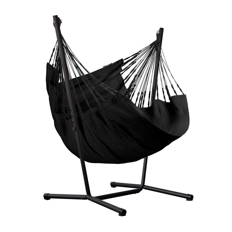 Fiji Organic Onyx – Organic Cotton Comfort Size Hammock Chair with Galvanized Steel Stand – complete chair and steel stand