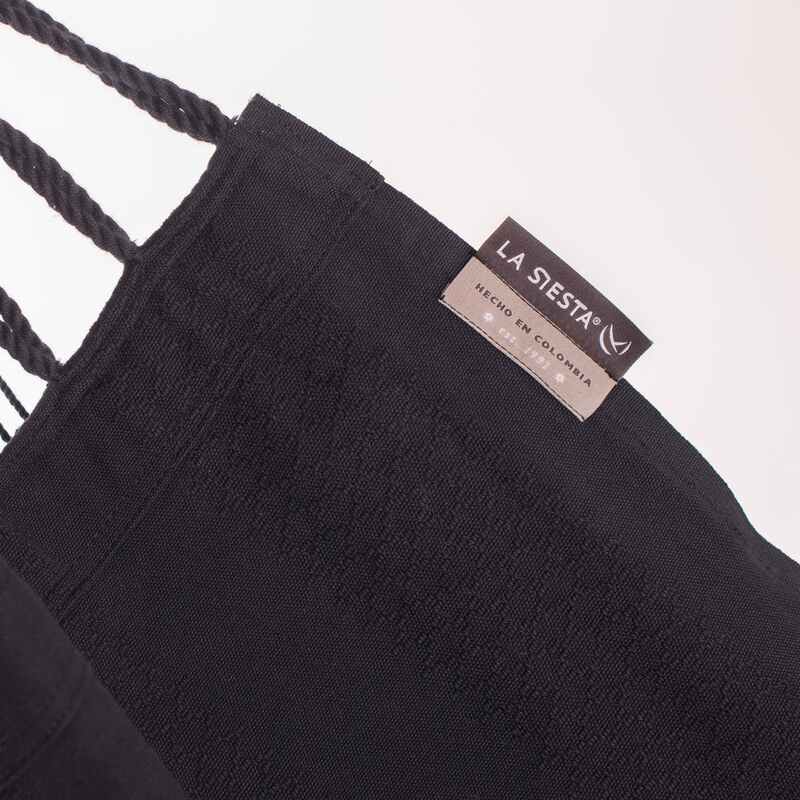 Fiji Organic Onyx – Organic Cotton Comfort Size Hammock Chair with Galvanized Steel Stand – fabric label and stitched edge