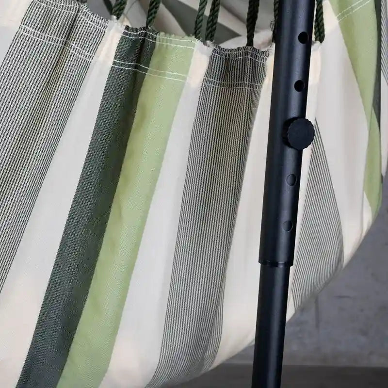 Fiji Outdoor Cedar – Weather-Resistant Comfort Size Hammock Chair with Galvanized Steel Stand – adjustable upright beside the chair fabric
