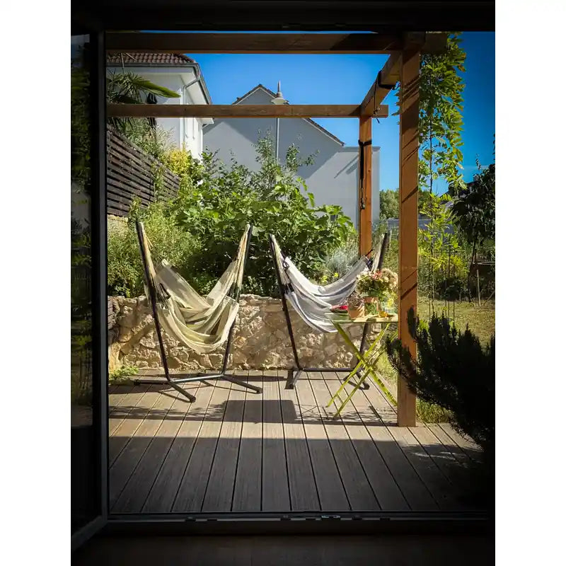 Fiji Outdoor Cedar – Weather-Resistant Comfort Size Hammock Chair with Galvanized Steel Stand – chairs beneath a garden pergola