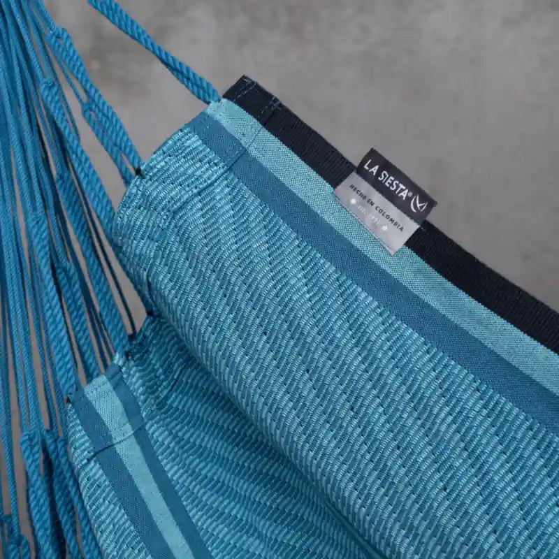 Habana Blue Zebra - Organic Cotton Comfort Hammock Chair – label and stitched fabric edge