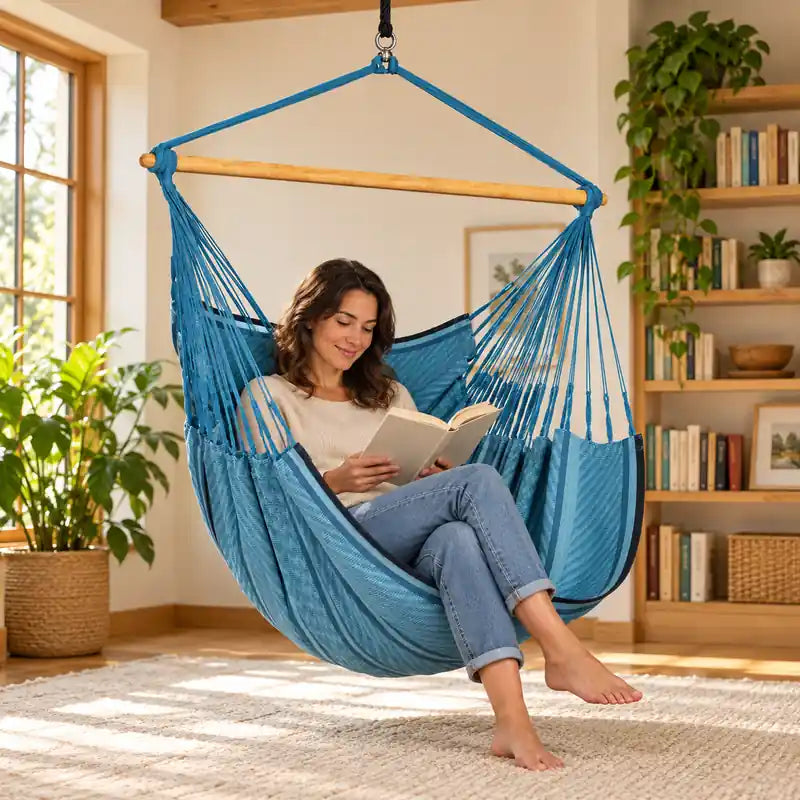 Habana Blue Zebra - Organic Cotton Kingsize Hammock Chair – lifestyle illustration of adult reading in the hammock chair in a family reading room