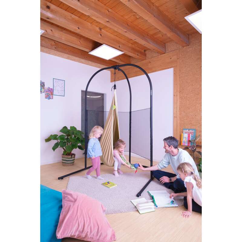 LA SIESTA Joki Teddy Kids Hanging Nest – adult helping a kid beside the stand