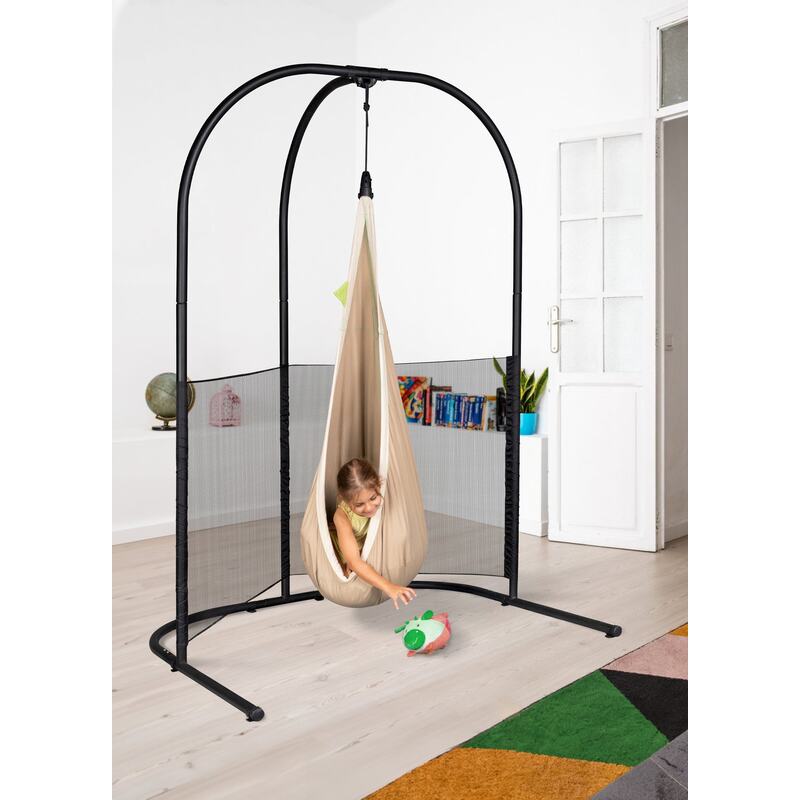 LA SIESTA Joki Teddy Kids Hanging Nest – kid seated in a nest on an Arcada stand