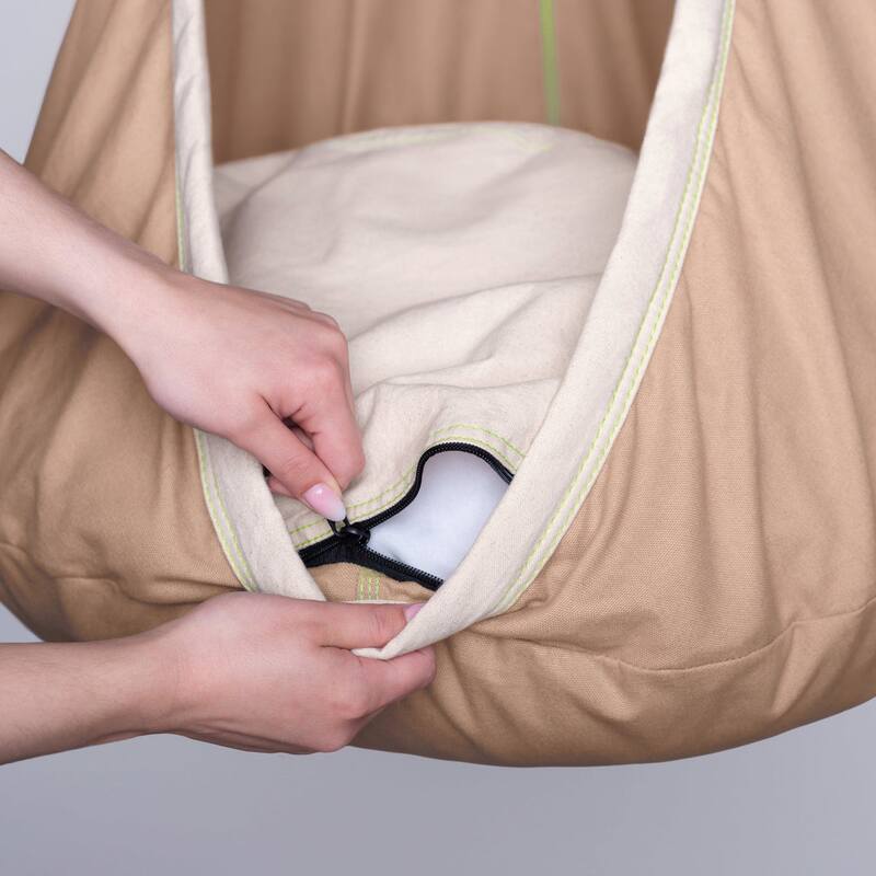 LA SIESTA Joki Froggy Kids Hanging Nest – removable cushion and zipper detail shown in the Teddy color; construction reference