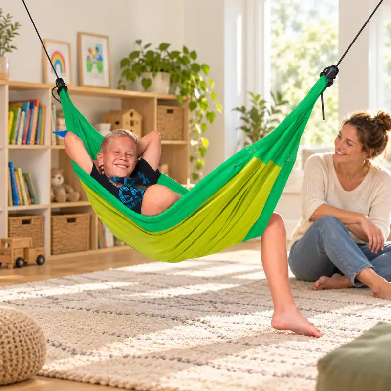LA SIESTA Moki Froggy Kids Hammock with Suspension – lifestyle illustration of kid relaxing in a family reading corner with an adult nearby