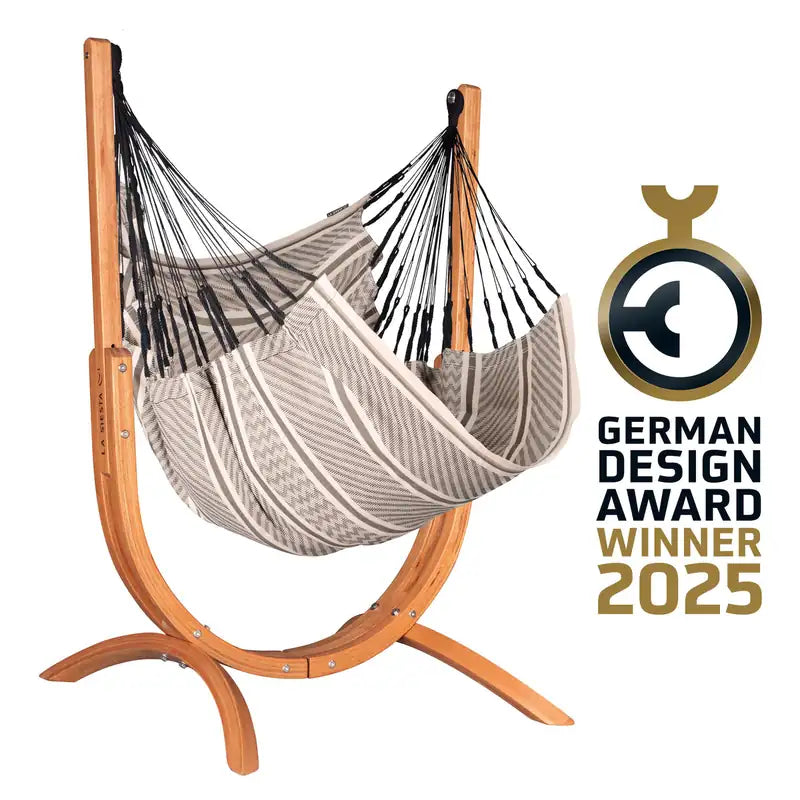 Udine Organic Zebra - Organic Cotton Hammock Chair with FSC® certified Eucalyptus Stand – complete Zebra chair with wood stand and existing award graphic
