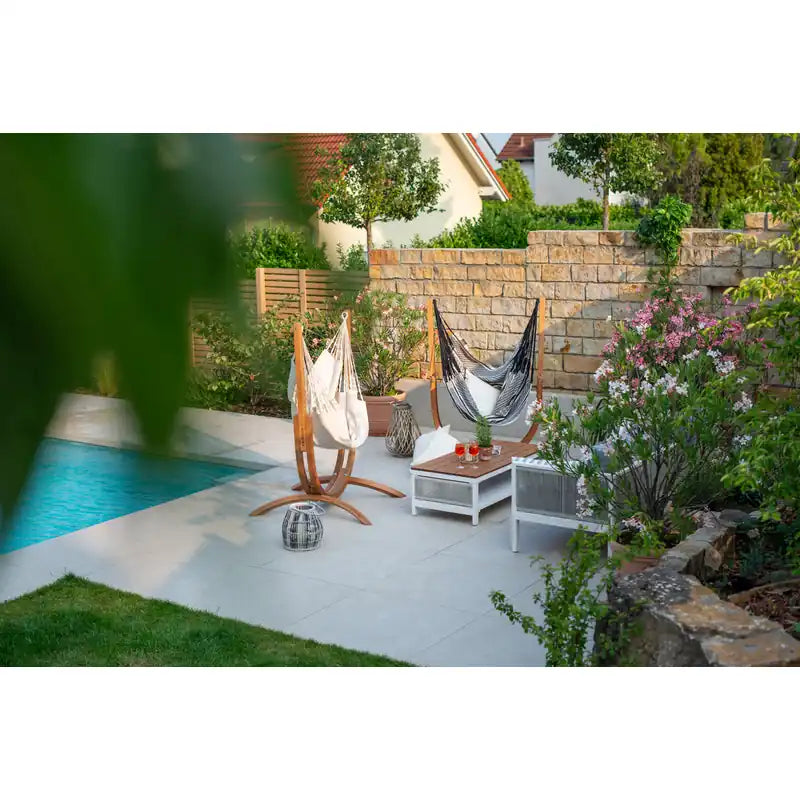 Udine Organic Zebra - Organic Cotton Hammock Chair with FSC® certified Eucalyptus Stand – wide poolside seating view
