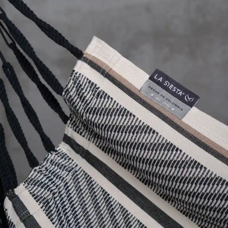 Udine Organic Zebra - Organic Cotton Hammock Chair with FSC® certified Eucalyptus Stand – zebra fabric label and stitched edge