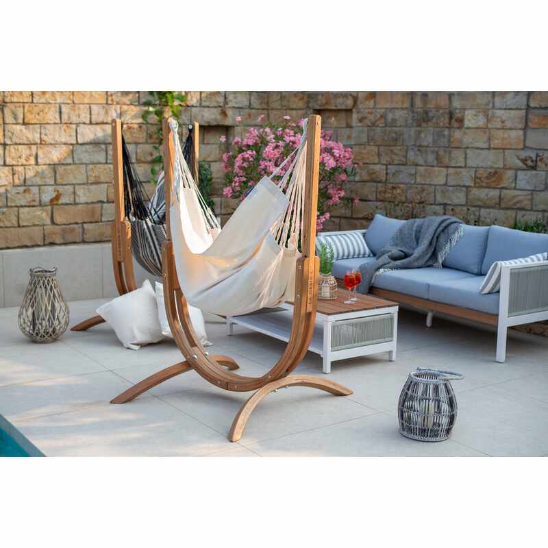 Udine Organic Latte - Organic Cotton Hammock Chair with FSC® certified Eucalyptus Stand – chair beside an outdoor sofa