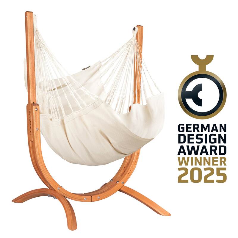 Udine Organic Latte - Organic Cotton Hammock Chair with FSC® certified Eucalyptus Stand – complete Latte chair with wood stand and existing award graphic