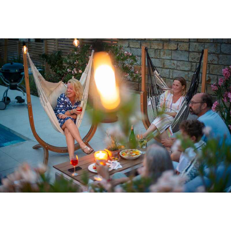 Udine Organic Latte - Organic Cotton Hammock Chair with FSC® certified Eucalyptus Stand – evening patio conversation