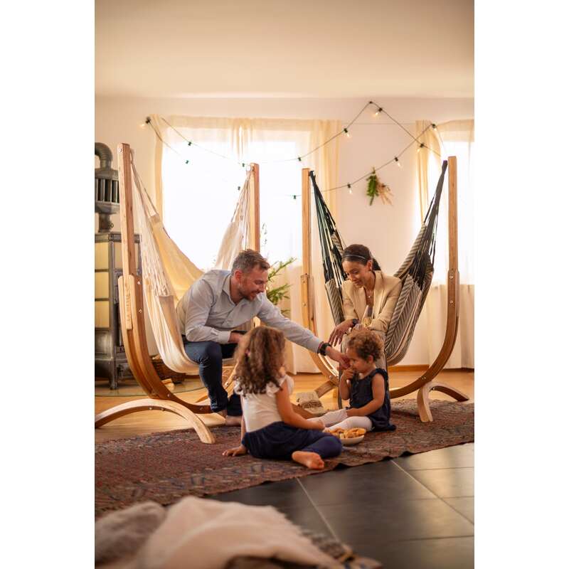 Udine Organic Latte - Organic Cotton Hammock Chair with FSC® certified Eucalyptus Stand – family spending time together indoors