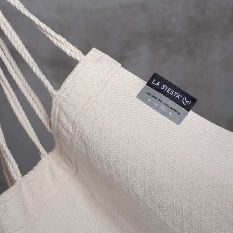 Udine Organic Latte - Organic Cotton Hammock Chair with FSC® certified Eucalyptus Stand – latte fabric label and stitched edge