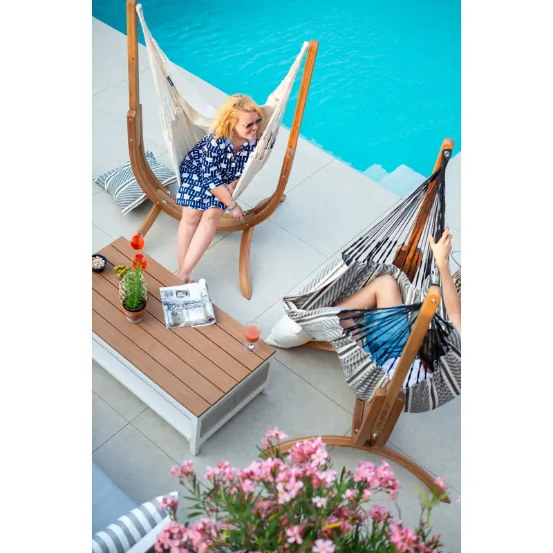 Udine Organic Latte - Organic Cotton Hammock Chair with FSC® certified Eucalyptus Stand – overhead view of a seated user