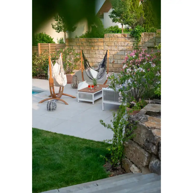 Udine Organic Latte - Organic Cotton Hammock Chair with FSC® certified Eucalyptus Stand – wide patio seating view