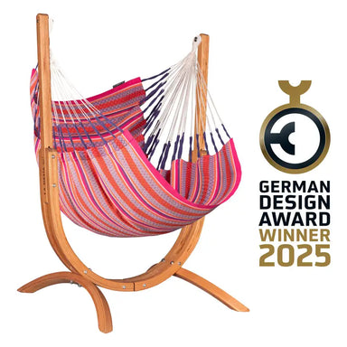 Udine Organic Flamingo - Organic Cotton Hammock Chair with FSC® certified Eucalyptus Stand – complete chair with eucalyptus stand and existing design award graphic