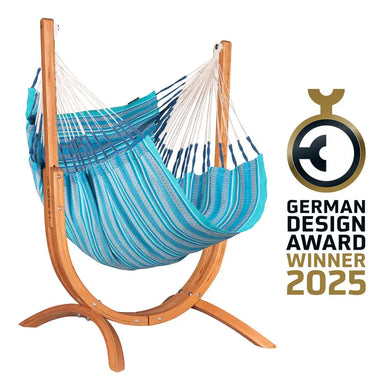 Udine Organic Azure - Organic Cotton Hammock Chair with FSC® certified Eucalyptus Stand – complete chair with eucalyptus stand and existing design award graphic