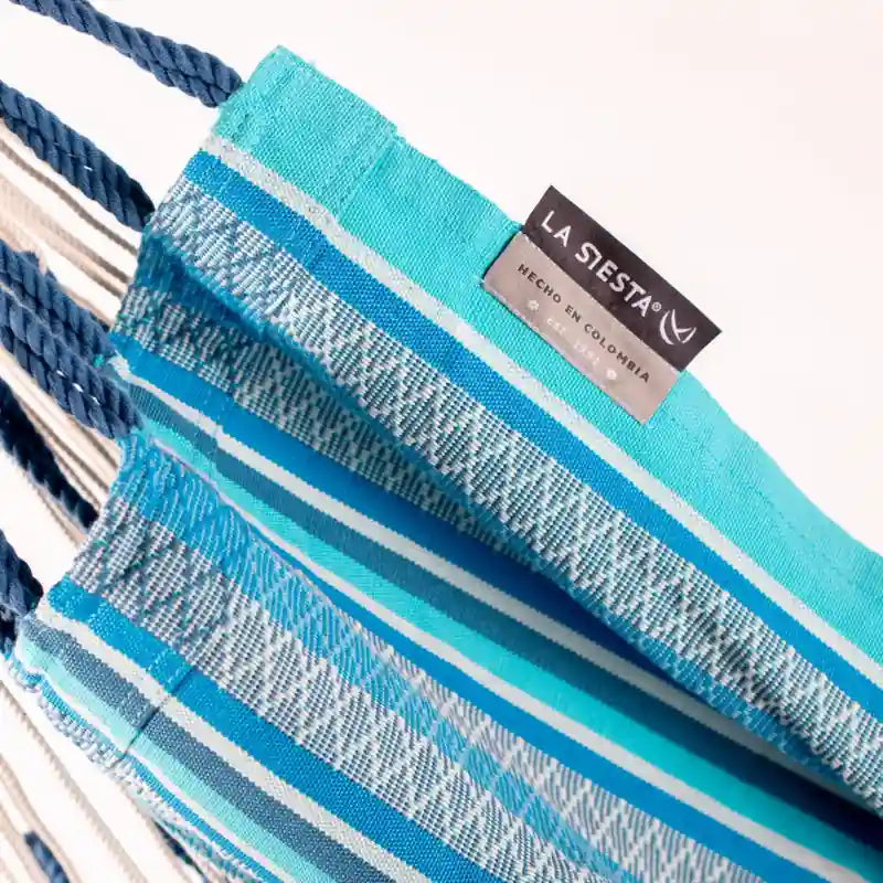 Udine Organic Azure - Organic Cotton Hammock Chair with FSC® certified Eucalyptus Stand – fabric label and stitched edge