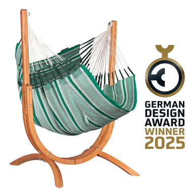 Udine Organic Agave - Organic Cotton Hammock Chair with FSC® certified Eucalyptus Stand – complete chair with eucalyptus stand and existing design award graphic
