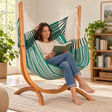 Udine Organic Agave - Organic Cotton Hammock Chair with FSC® certified Eucalyptus Stand – lifestyle illustration of adult reading in the hammock chair in a family reading room