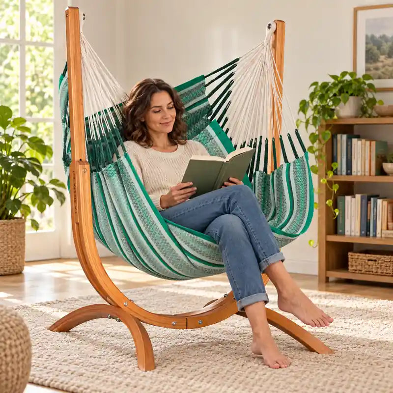 Udine Organic Agave - Organic Cotton Hammock Chair with FSC® certified Eucalyptus Stand – lifestyle illustration of adult reading in the hammock chair in a family reading room