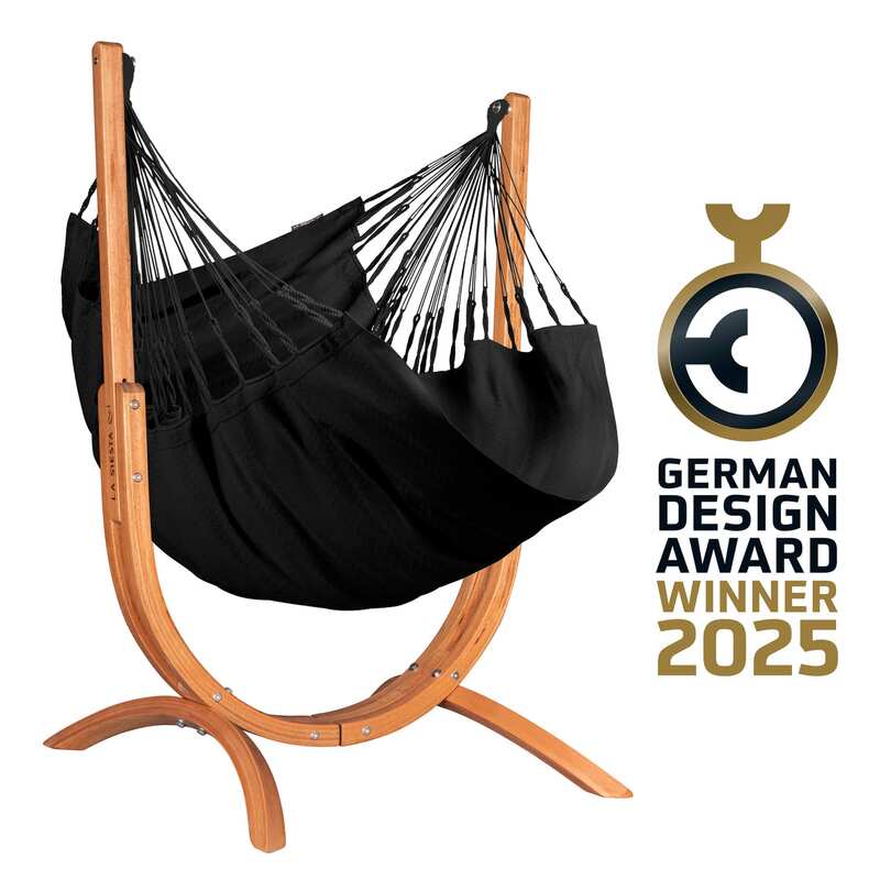 Udine Organic Onyx - Organic Cotton Hammock Chair with FSC® certified Eucalyptus Stand – complete chair with eucalyptus stand and existing design award graphic